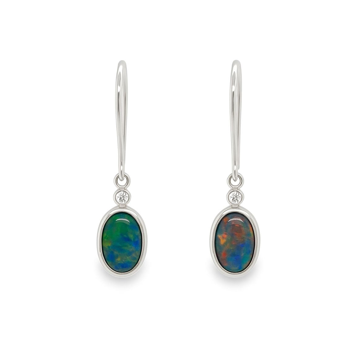 9ct White Gold Triplet Opal & Diamond Hook Earrings