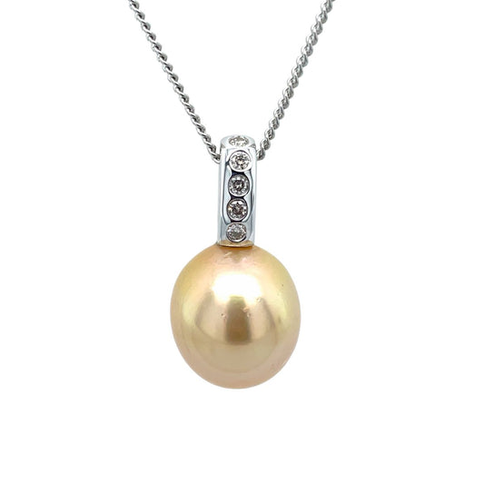 9ct White Gold 13mm Gold South Sea Pearl & Five Diamond Pendant