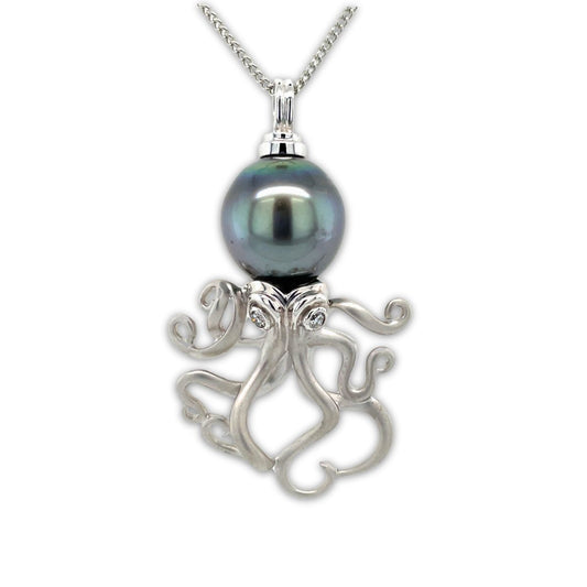 9ct White Gold 13mm Tahitian Pearl Octopus Pendant