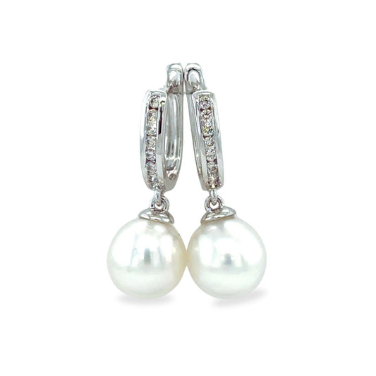9ct White Gold 7-8mm South Sea Pearl & Diamond Hoops