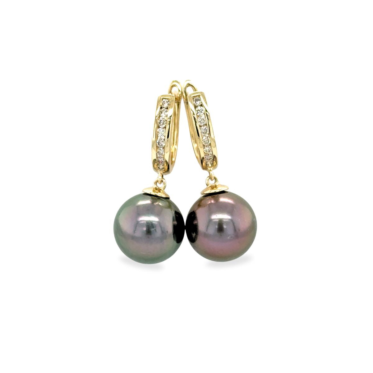 9ct Yellow Gold 9-11mm Tahitian Pearl & Diamond Hoops