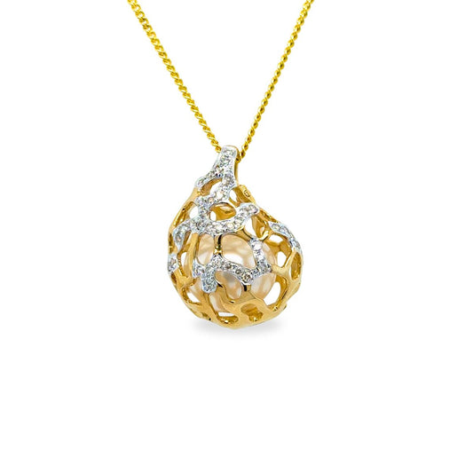 9ct Gold South Sea Pearl & Diamond Basket Pendant