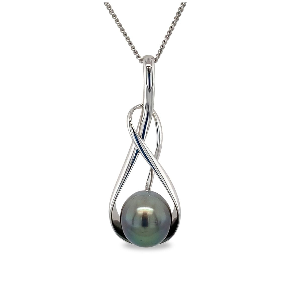 9ct White Gold 10mm Tahitian Pearl Open Twist Pendant