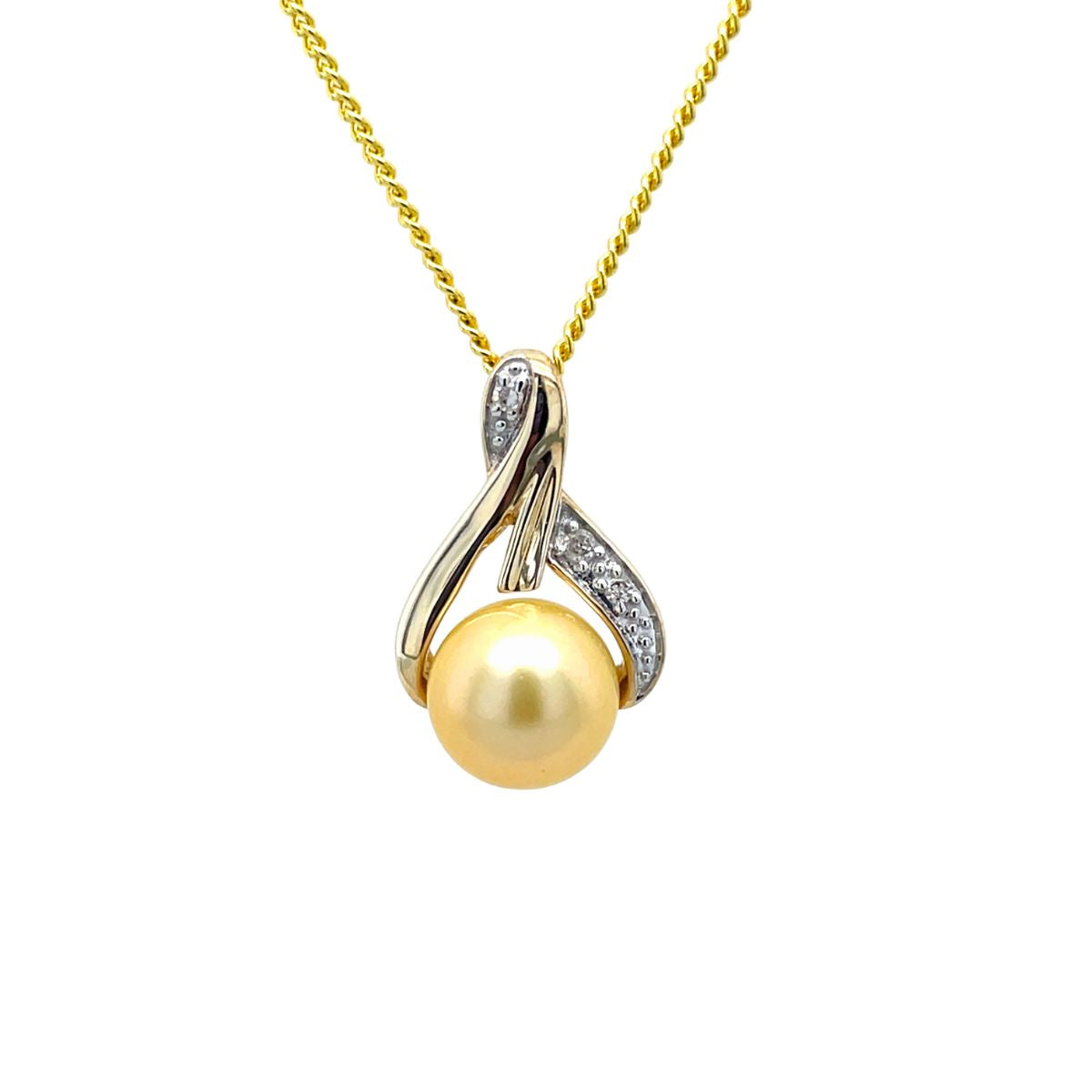 9ct Yellow Gold 8-9mm Gold South Sea Pearl & Diamond Wishbone Pendant
