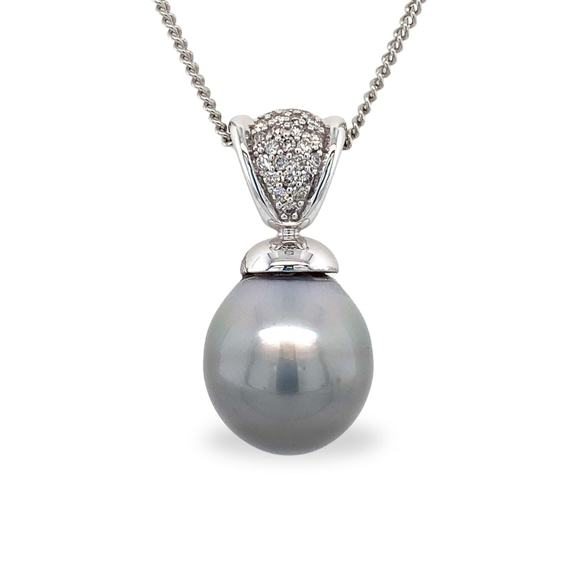 9ct White Gold 12-13mm Baroque Tahitian Pearl & Diamond Pendant