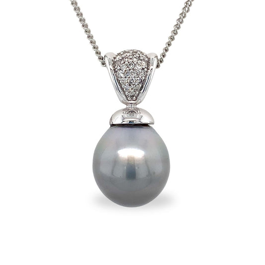 9ct White Gold 12-13mm Baroque Tahitian Pearl & Diamond Pendant