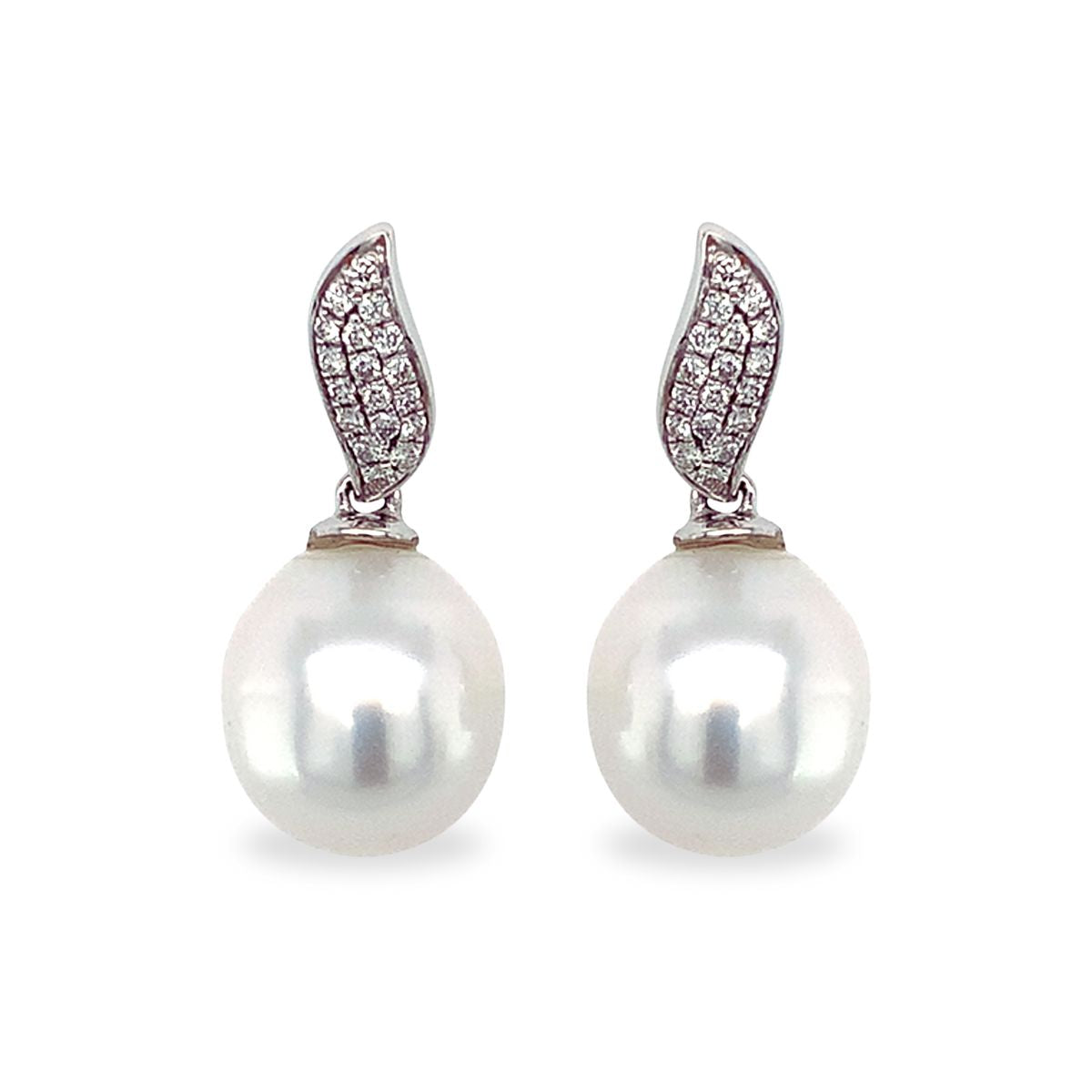 9ct White Gold 10½-11mm South Sea Pearl & Diamond Leaf Studs