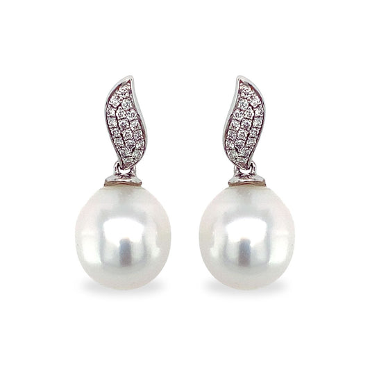 9ct White Gold 10½-11mm South Sea Pearl & Diamond Leaf Studs