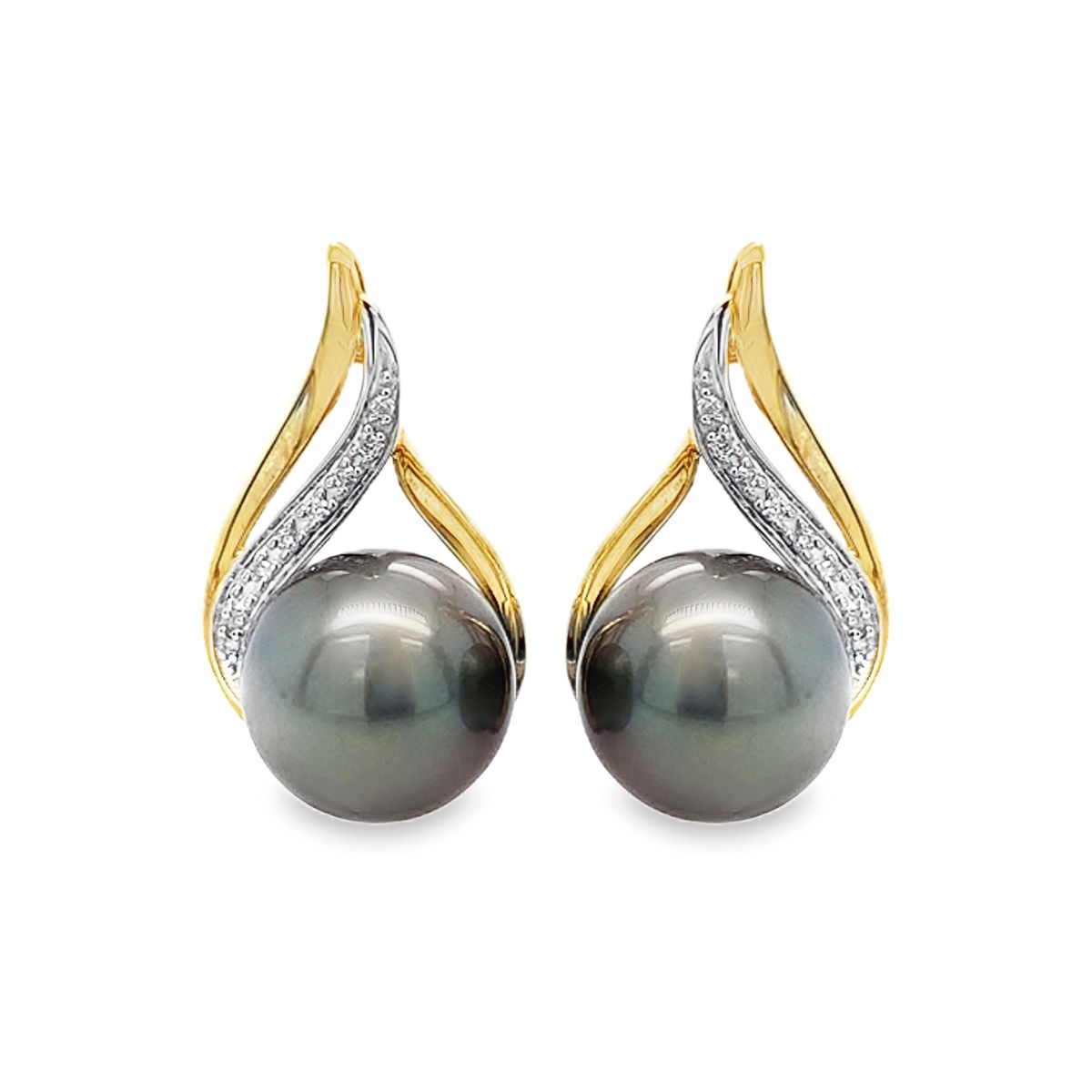 9ct Gold 9mm Tahitian Pearl & Diamond Top Swirl Studs