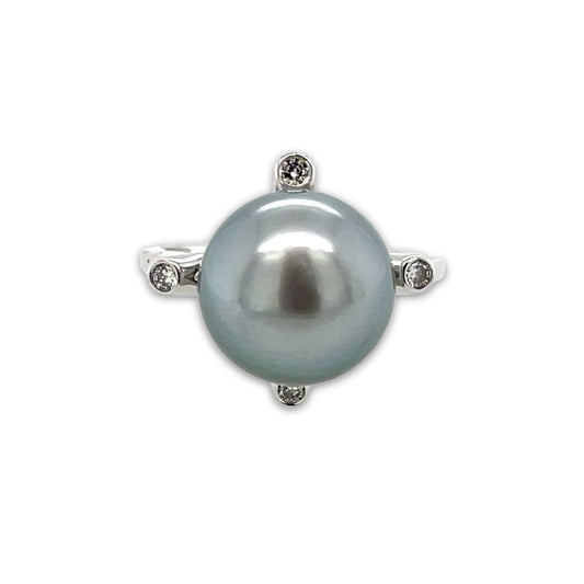 9ct Yellow Gold 11-12mm South Sea Pearl & Bezel Set Diamond Ring