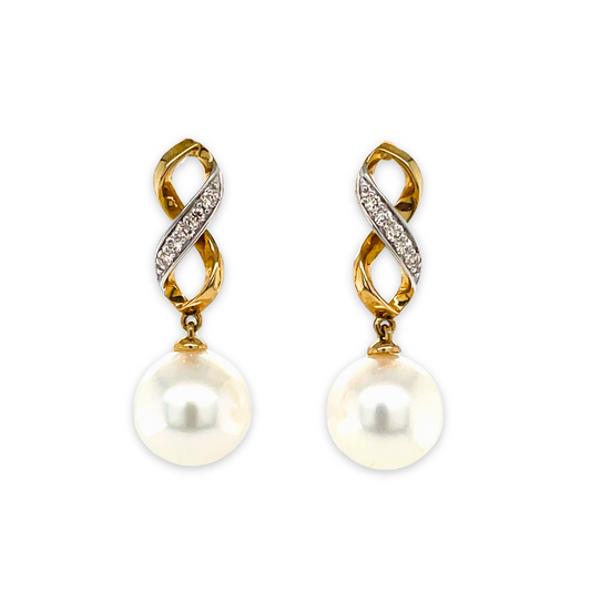 9ct Gold 10-11mm South Sea Pearl Diamond Infinity Drop Studs