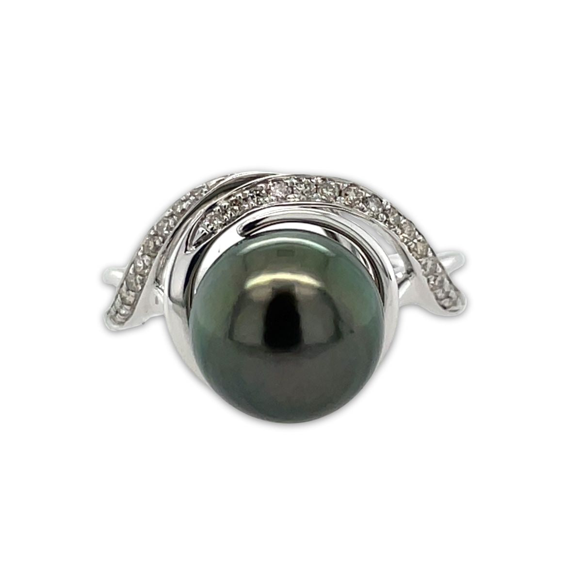 9ct White Gold 10mm Tahitian Pearl & Diamond Ring