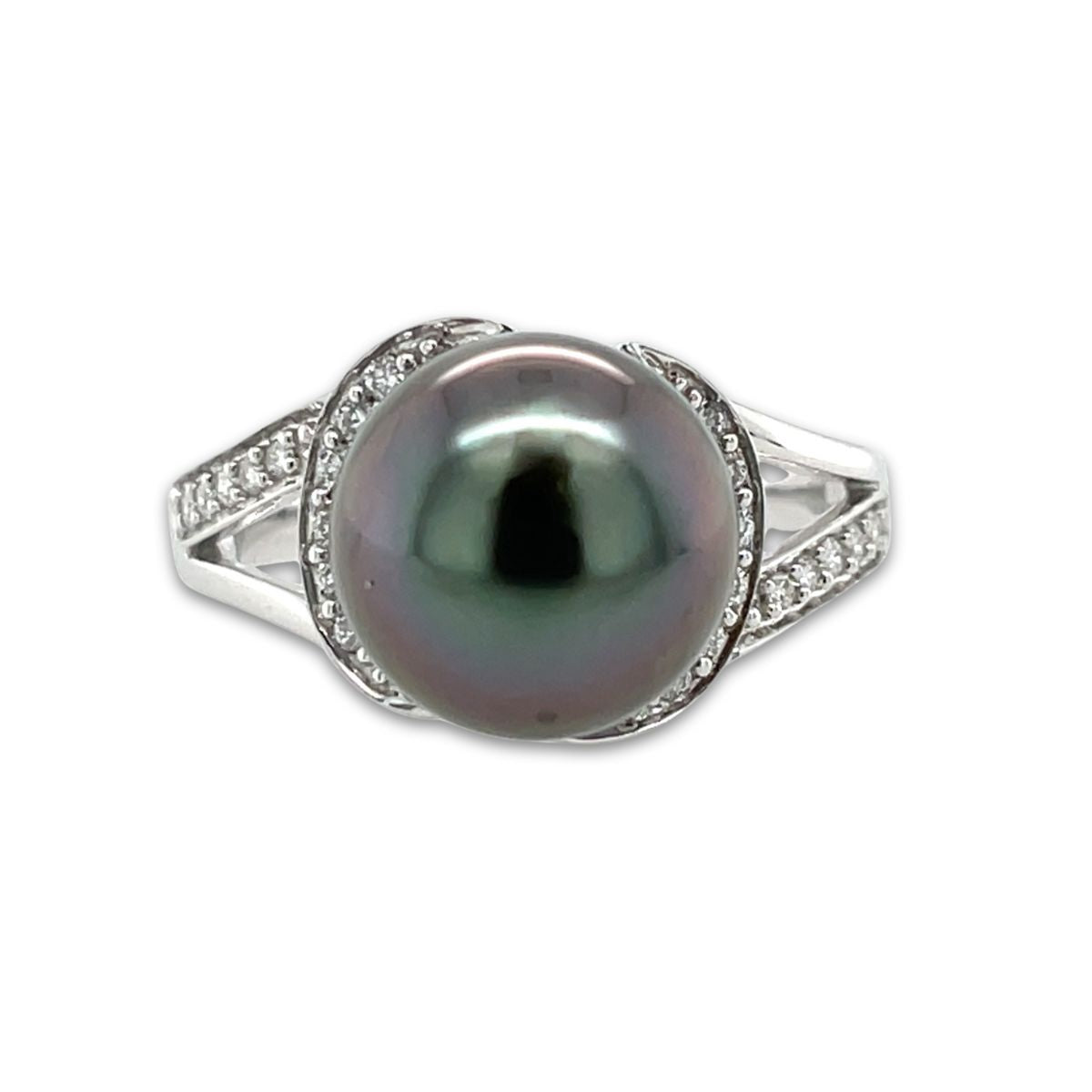 9ct White Gold 10.5mm Tahitian Pearl With Diamonds Ring