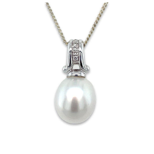 9ct White Gold 11-13mm South Sea Pearl & Diamond Scroll Pendant
