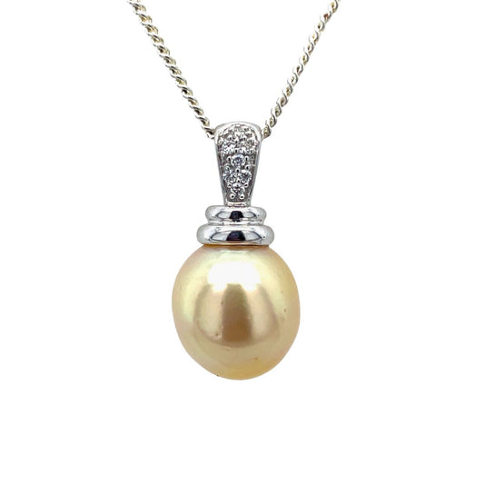 9ct White Gold 11mm Gold South Sea Pearl & Diamond Pendant