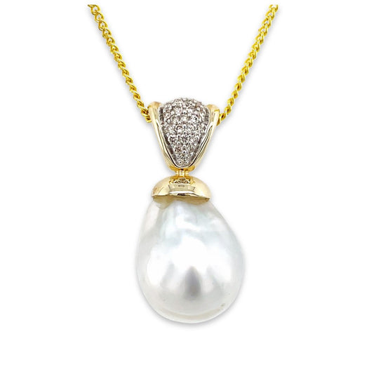 9ct Yellow Gold 17mm Baroque South Sea Pearl & Diamond Pendant