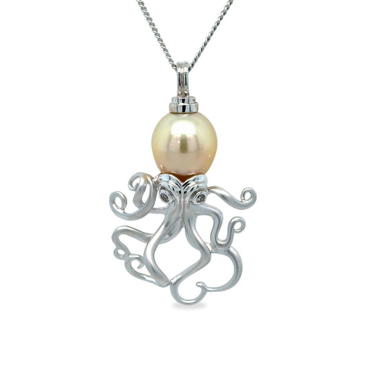9ct White Gold 12.5mm Gold South Sea Pearl Octopus Pendant