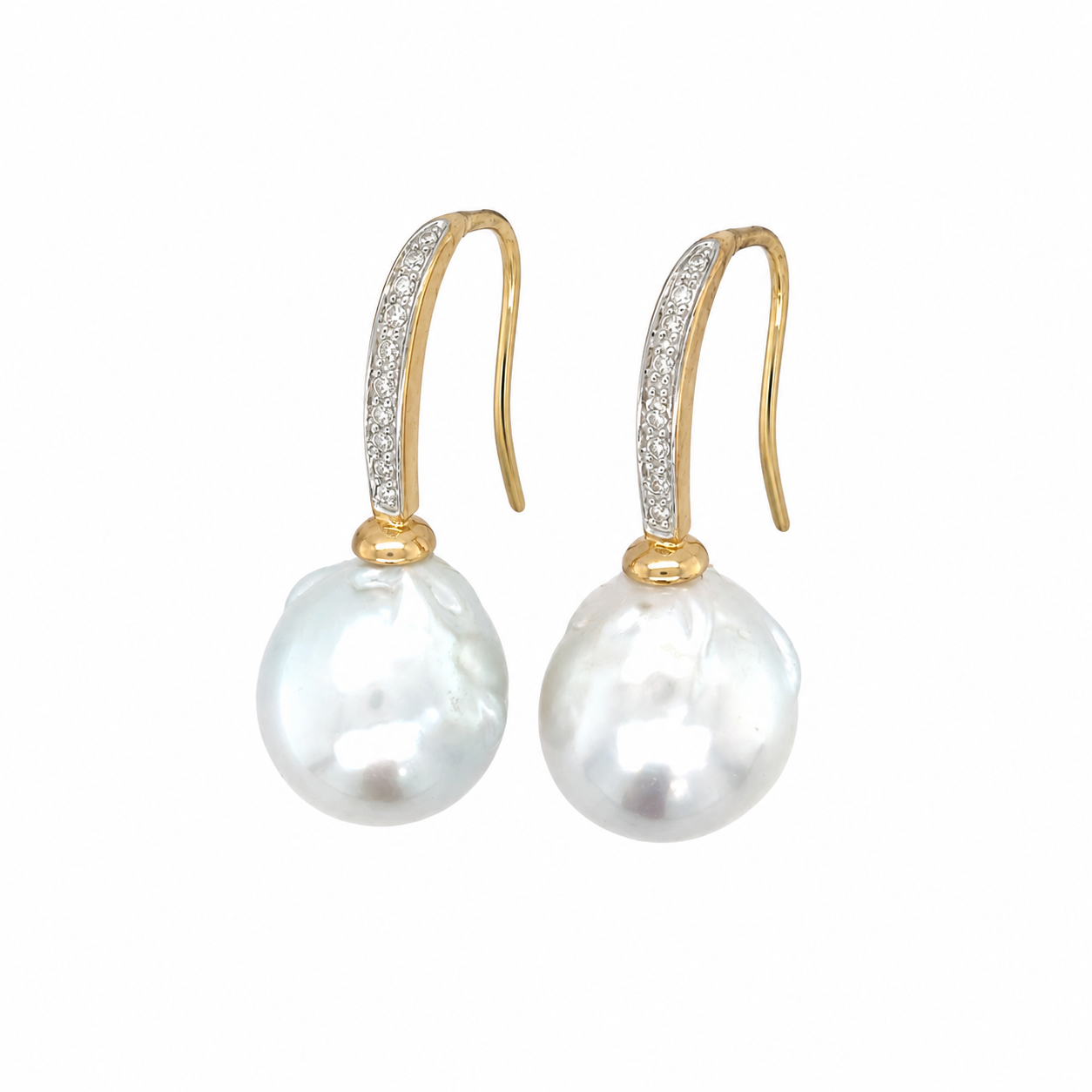 9ct Yellow Gold 13mm Baroque South Sea Pearl & Diamond Hooks