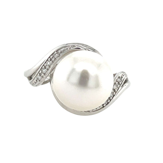 9ct White Gold 9-10mm South Sea Pearl & Diamond Wrap Ring