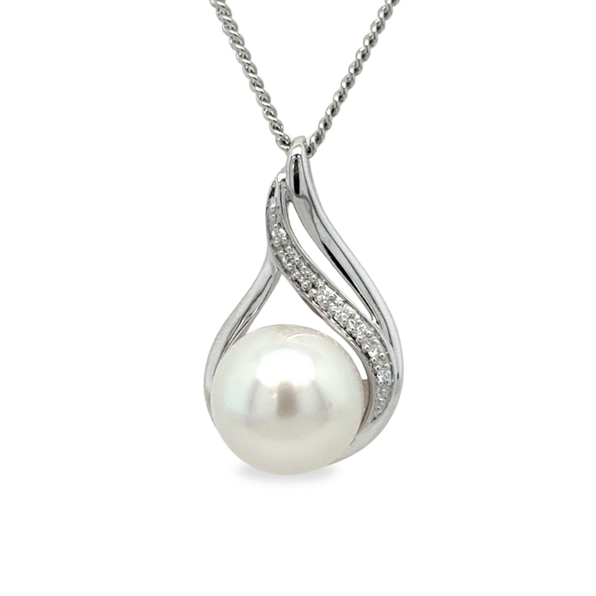 9ct White Gold 9-10mm South Sea Pearl & Diamond 'Wishbone' Pendan