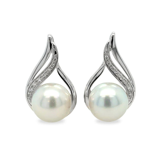 9ct White Gold 8-9mm South Sea Pearl & Diamond Top Swirl Studs