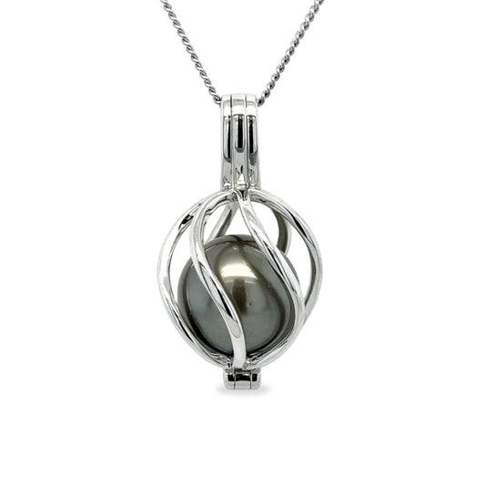 Sterling Silver Tahitian Pearl Wavy Cage Pendant
