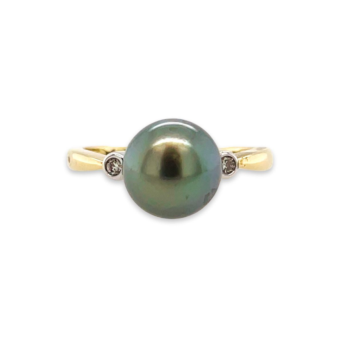 9ct Yellow Gold 9mm Tahitian Pearl & Diamond Ring