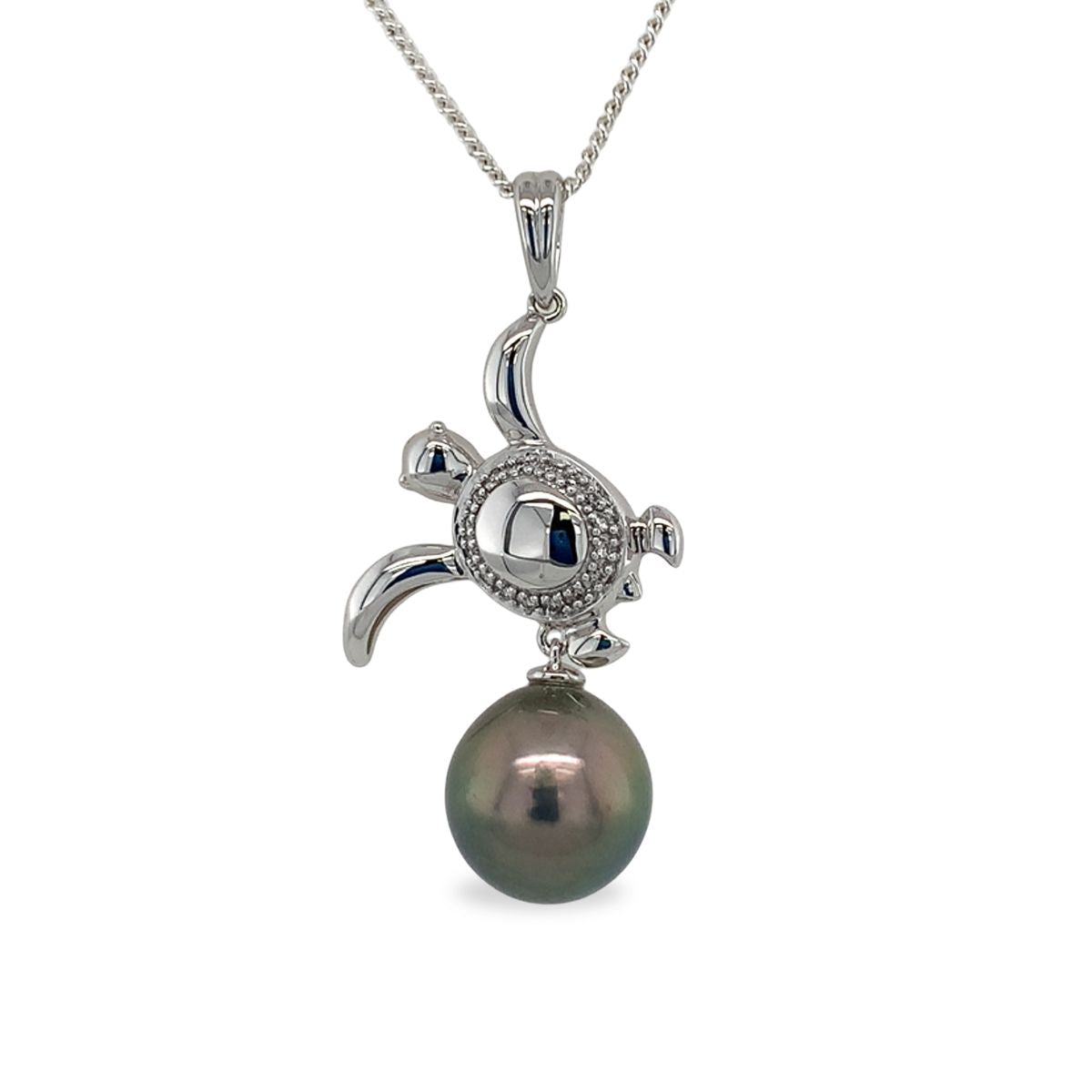 9ct White Gold 10.5mm Tahitian Pearl Turtle Pendant