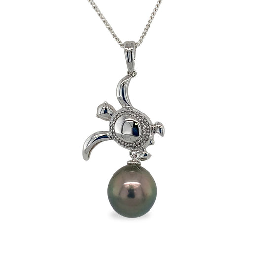 9ct White Gold 10.5mm Tahitian Pearl Turtle Pendant