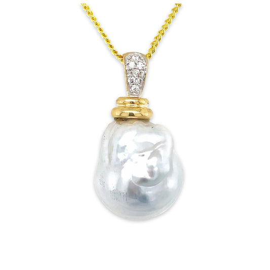 9ct Yellow Gold 17mm Baroque South Sea Pearl & Diamond Pendant