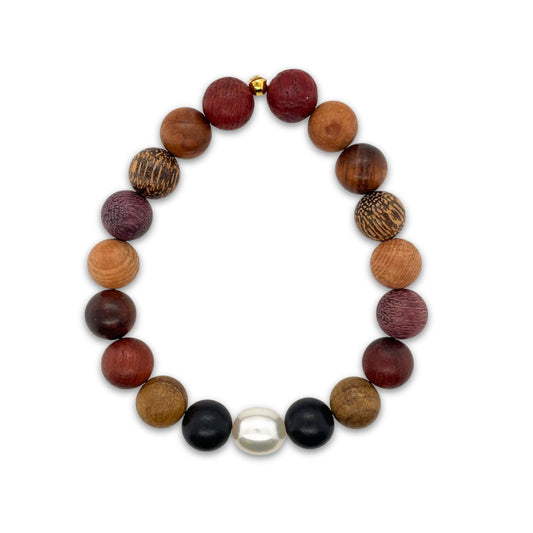 Arafura Collection South Sea Pearl & Mixed Wood Stretch Bracelet