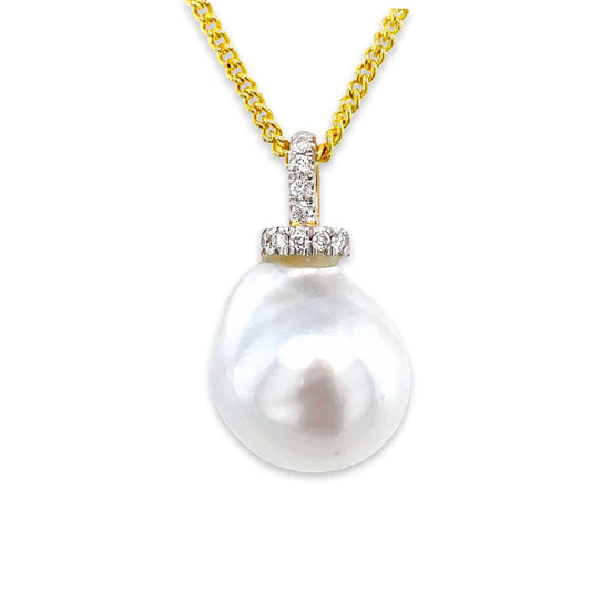 9ct Yellow Gold 12.5mm Baroque South Sea Pearl & Diamond Pendant