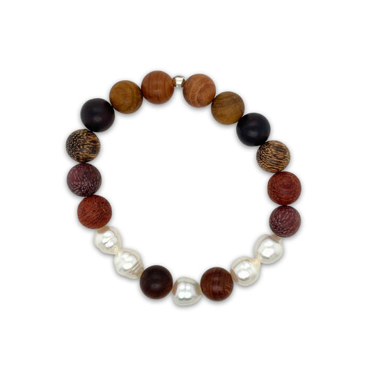 Arafura Collection South Sea Pearls & Mixed Woods Stretch Bracelet