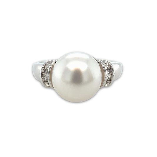 9ct White Gold 10mm South Sea Pearl & Diamond Curve Ring
