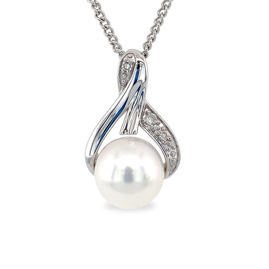 9ct White Gold 8mm South Sea Pearl & Diamond Wishbone Pendant
