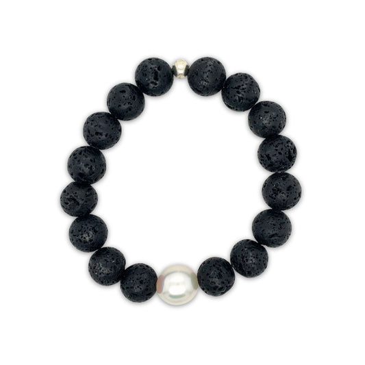 Arafura Collection South Sea Pearl With Black Lava Stretch Bracelet