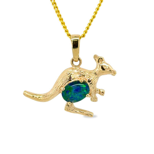 9ct Yellow Gold 7x5 Triplet Opal Kangaroo Pendant