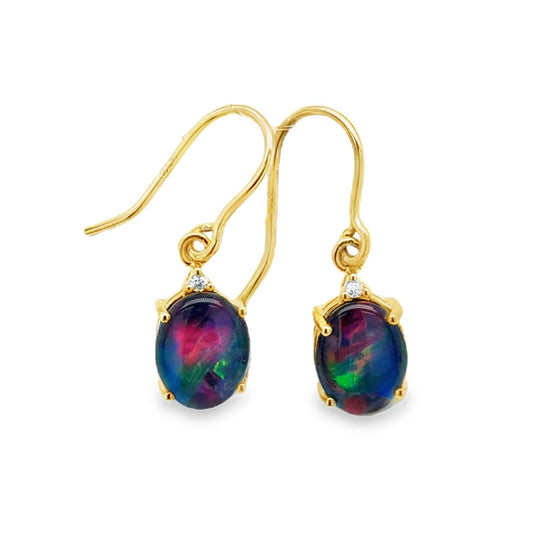 9ct Yellow Gold Australian Triplet Opal And Diamond Hook Earrings