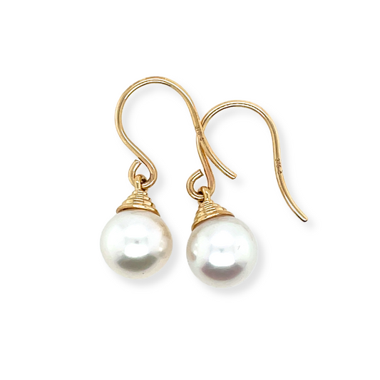 9ct Yellow Gold 8-9mm South Sea Pearl Three Ridge Drop Hooks