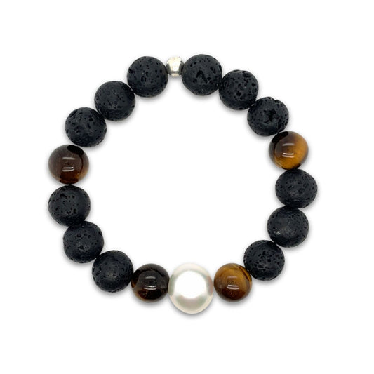 Arafura Collection South Sea Pearl, Lava & Tiger Eye Stretch Bracelet