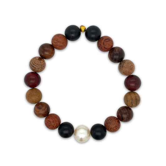 Arafura Collection South Sea Pearl & Mixed Wood Stretch Bracelet