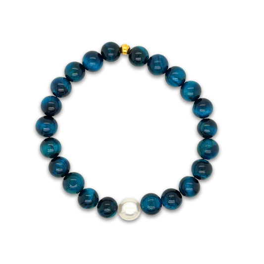 Arafura Collection South Sea Pearl & Blue Tigereye Stretch Bracelet