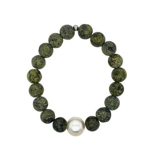 Arafura Collection South Sea Pearl & Green Serpentine Stretch Bracelet