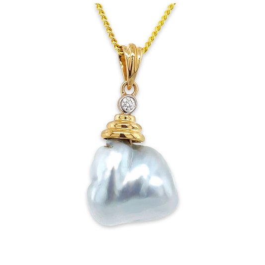 9ct Yellow Gold 13mm Baroque South Sea Pearl & Diamond Pendant