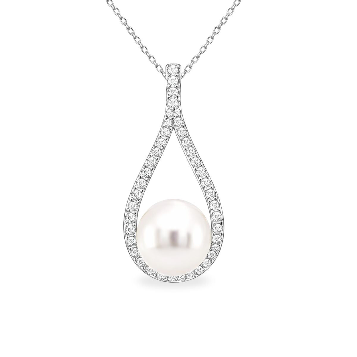Sterling Silver Freshwater Pearl & Cubic Zirconia Teardrop Pendant