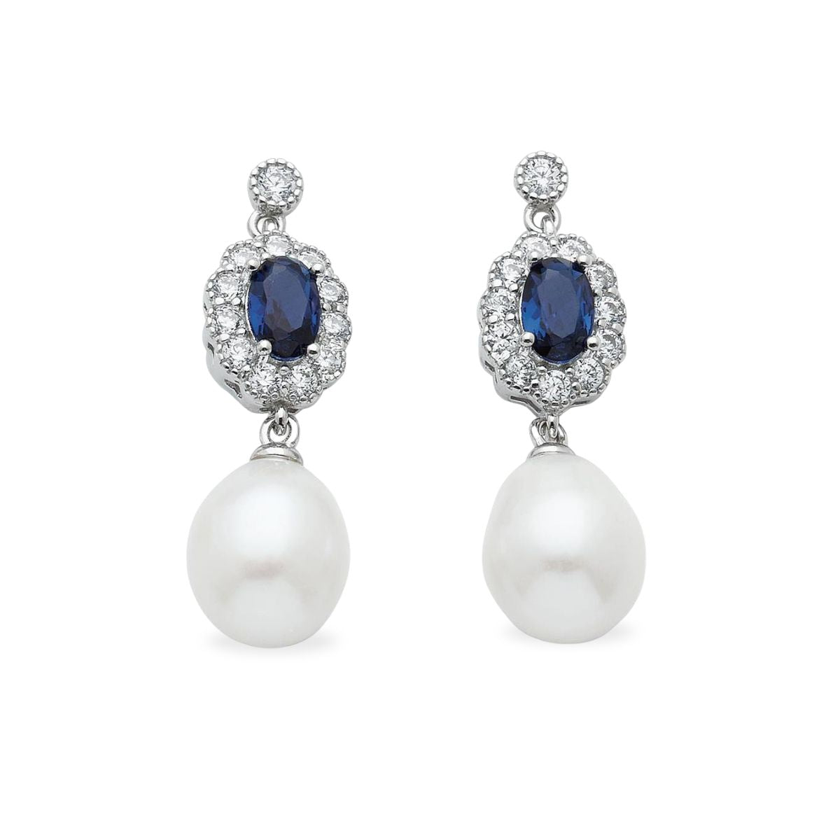 Sterling Silver Freshwater Pearl & Blue Cubic Zirconia Studs