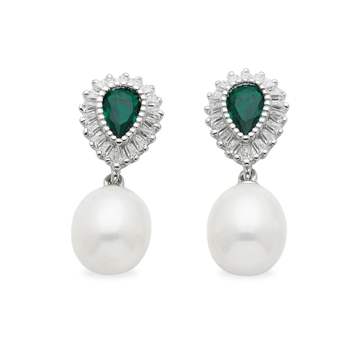Sterling Silver Freshwater Pearl & Green Cubic Zirconia Studs
