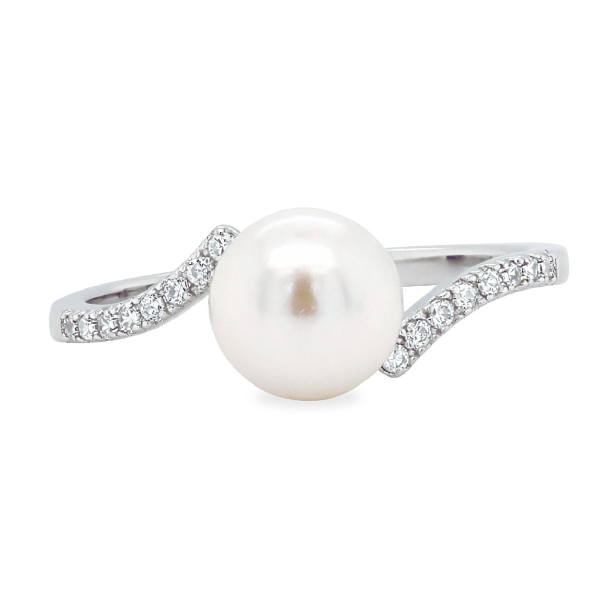 Sterling Silver Freshwater Pearl & Cubic Zirconia Offset Ring