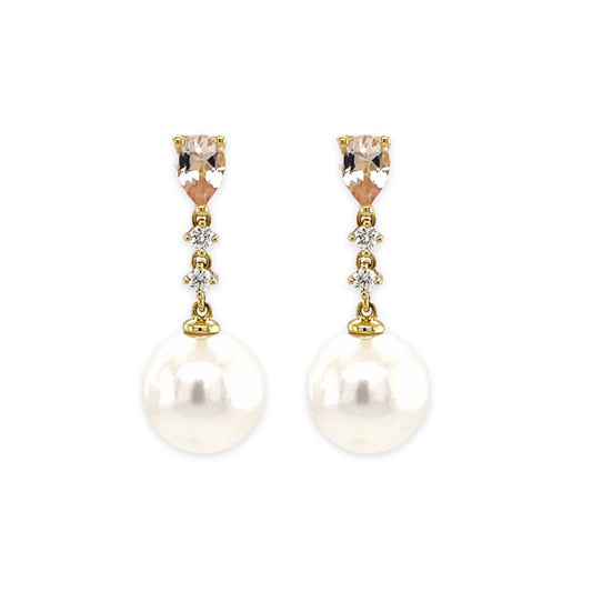 18ct Yellow Gold 10mm South Sea Pearl, Morganite & Diamond Studs
