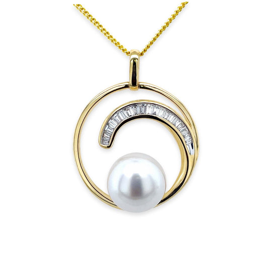 18ct Yellow Gold 11-11.5mm South Sea Pearl & Baguette Diamond Pendant